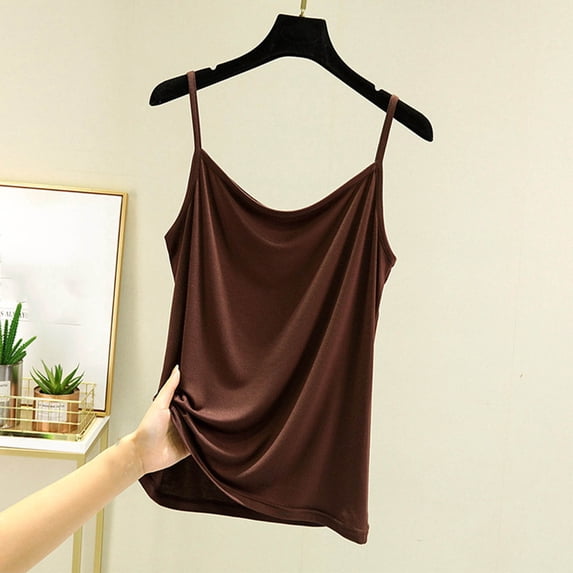 Qulqfy Tank Tops Camisole Plus Size Solid Crew Neck Sexy Spaghetti Straps Brown Loose Womens Spring Tops