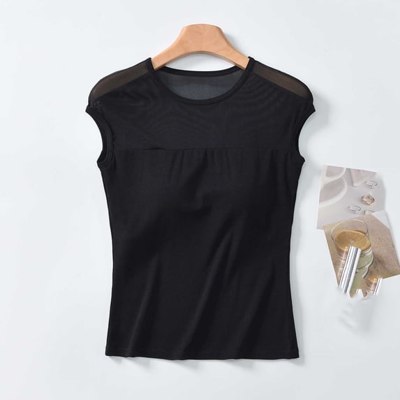 Qulqfy Tank Tops for Women with Built in Bra Crew Neck Sleeveless Casual Black Mesh Tunic Sheer Summer Tops L
