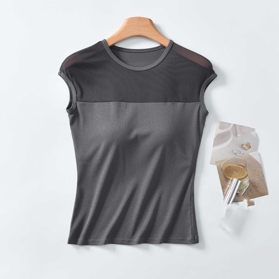 Qulqfy Tank Tops for Women with Built in Bra Gray Crew Neck Sleeveless Casual Tunic Mesh Sheer Summer Tops S