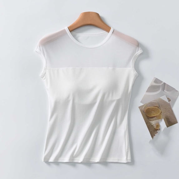 Qulqfy Tank Tops for Women with Built in Bra Sleeveless White Casual Crew Neck Sheer Tunic Mesh Summer Tops L