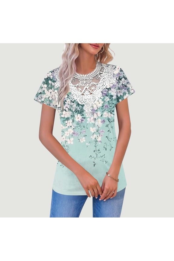 Tee Shirts Womens Spring Short Sleeve Lace Shirts Summer V Neck Solid Tops Clothes for Women 3XL