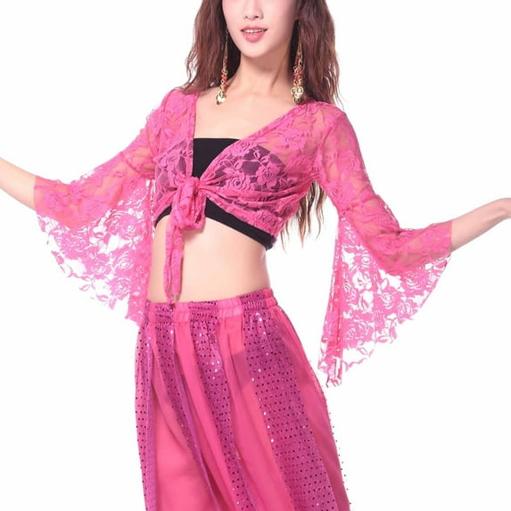 Qulqfy Tie Front Bolero Shrug Women Flare Sleeve Lace Sheer Flowy Latin Dance Cardigans Pink Tops for Women