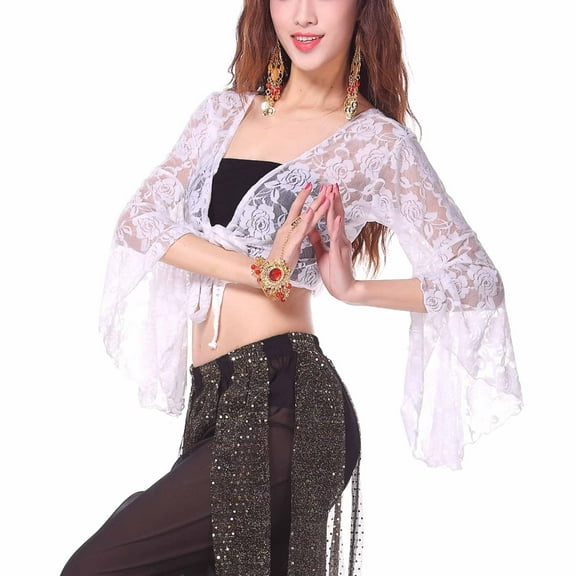 Qulqfy Tie Front Bolero Shrug for Women Sheer Flare Sleeve White Lace Latin Dance Cardigans Womens Flowy Tops