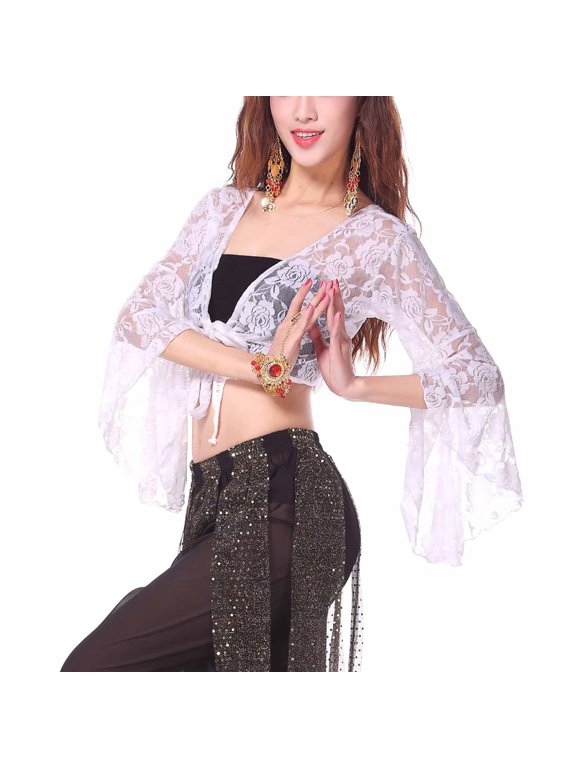 Tie Front Bolero Shrug for Women Sheer Flare Sleeve White Lace Latin Dance Cardigans Womens Flowy Tops
