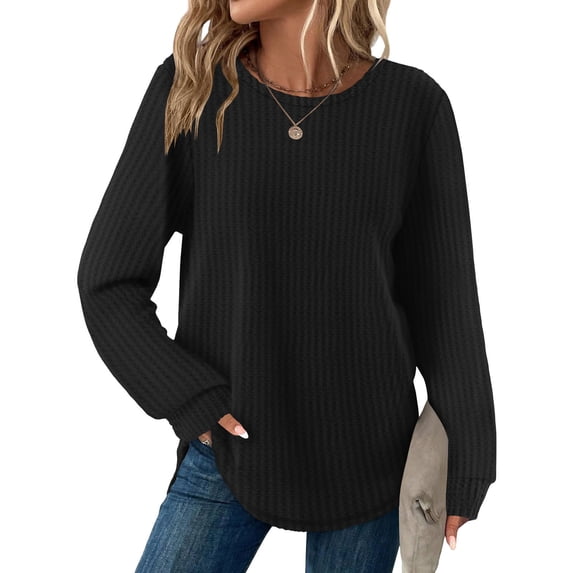 Qulqfy Tops Women Tunic Crew Neck Waffle Knit Black Shirts Spring Curvy Hem Fall Long Sleeve Shirts Dressy Tops for Women XL