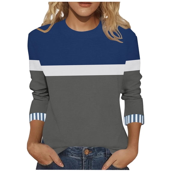 Qulqfy Tops for Women 3/4 Sleeve Plus Size Spring Shirts Striped Fall Crew Neck Casual Tops Blouses for Women S