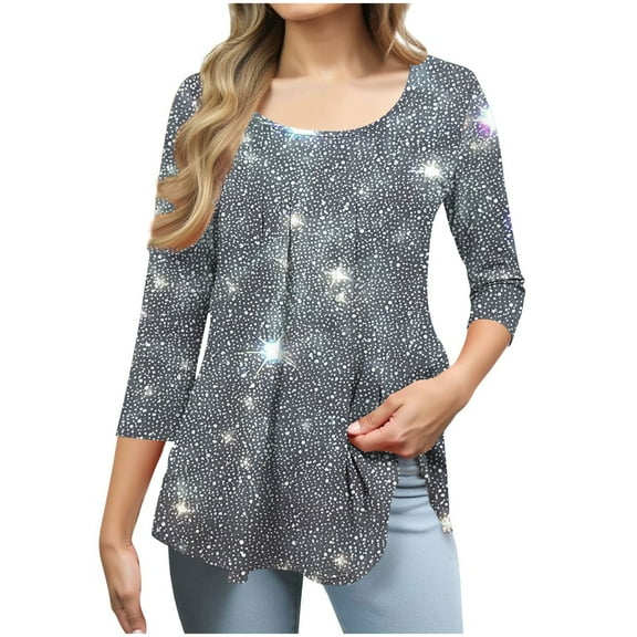 Qulqfy Tops for Women Spring 3/4 Length Sleeve Tunic Shirts Sparkly Crew Neck Going Out Fall Smocked Tops Blouses for Women L