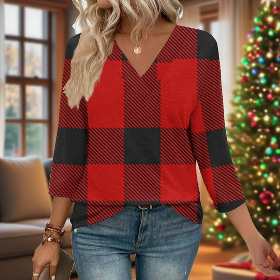 Qulqfy Tops for Women Spring Plaid 3/4 Sleeve Shirts Tunic Dressy Casual Fall V Neck Tops Blouses for Women L