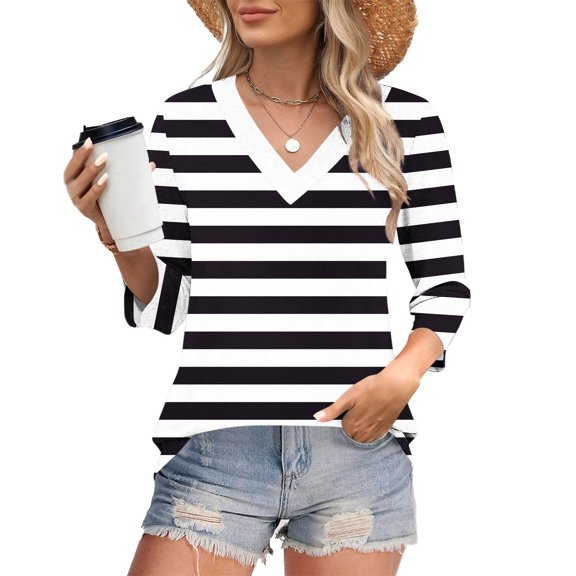 Qulqfy Tops for Women Spring Striped 3/4 Sleeve Shirts Going Out Dressy Casual V Neck Fall Tops Blouses for Women XXL