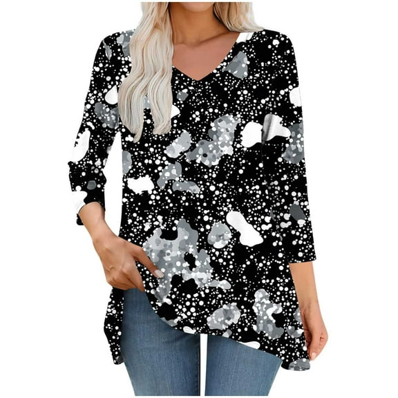 Qulqfy Tops for Women Spring Tunic 3/4 Sleeve Shirts Fall V Neck Dressy Casual Flowy Tops Graphic Blouses for Women L