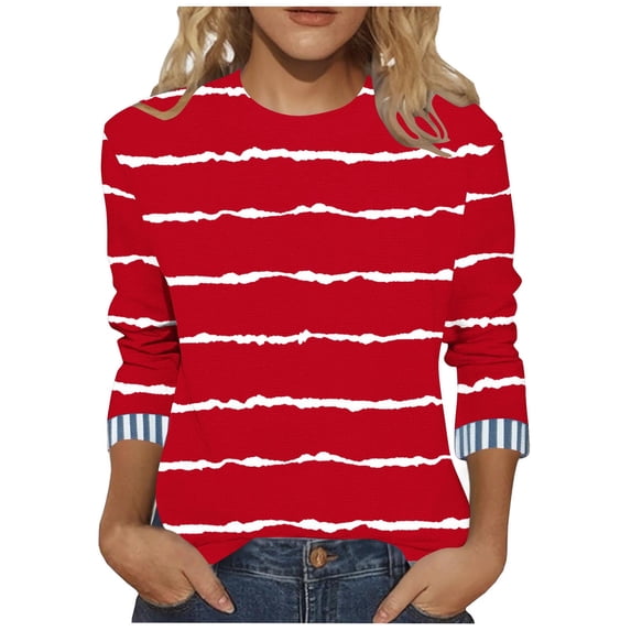 Qulqfy Tops for Women Striped Plus Size 3/4 Length Sleeve Spring Shirts Fall Casual Crew Neck Tops Blouses for Women XL