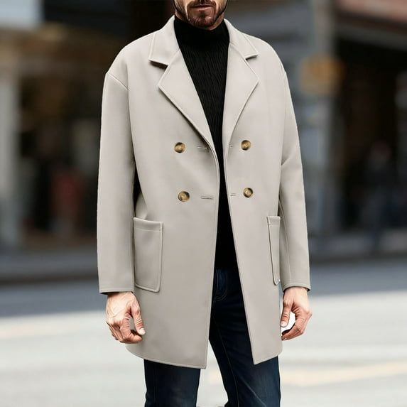 Qulqfy Trench Coat Men Beige Winter Long Wool Blend Pockets Double Breasted Notched Collar Trench Coat Overcoat for Men S