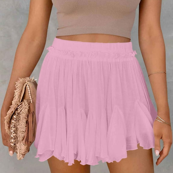 Qulqfy Trendy Pants for Women 2025 Pink Pleated Ruffle Flowy Solid Tummy Control Skorts Lightweight Pants for Women M