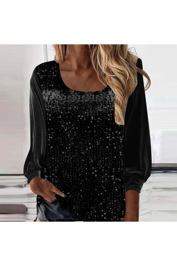 Trendy Tops for Women 2026 Velvet Sparkly Long Sleeve Black Sequin Shirts Scoop Neck Elegant Tunic Blouses Spring Tops for Women L