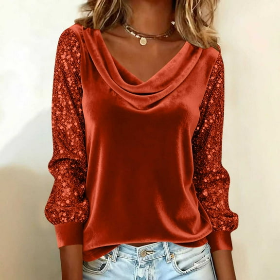 Qulqfy Trendy Tops for Women Sparkly Sequin Long Sleeve Orange Velvet Shirts Elegant Cowl Neck Blouses Spring Tops for Women S
