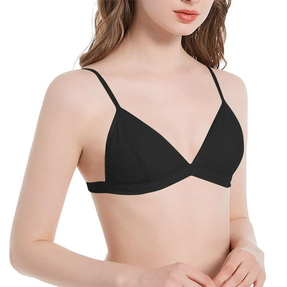 Qulqfy Triangle Women Bra No Underwire Black Lace Lightly Lined Thin Straps Bralette T Shirt Bra L