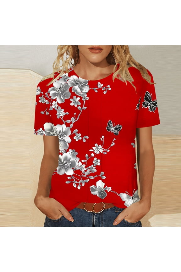 Tshirts Shirts for Women Crew Neck Red Smocked Short Sleeve Shirts Spring Graphic Summer Tees XL