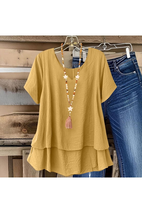 Tshirts Shirts for Women Yellow Short Sleeve Spring Double Layered Shirts V Neck Summer Solid Tops Womens Clothes S