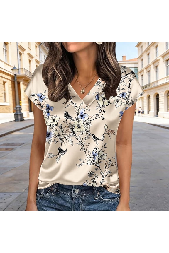 Tshirts for Women Plus Size Short Sleeve Silk Satin Shirts Summer V Neck Graphic Tops Womens Outfits 4XL