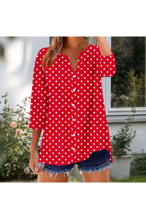 Tunic Button Down Shirts for Women 3/4 Sleeve Cotton Linen Tops Fall V Neck Dressy Casual Polka Dot Shirts Blouses for Women XL