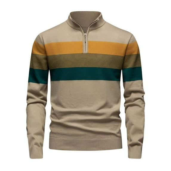 Qulqfy Tunic Men Sweater Striped Knit Yellow Quarter Zip Casual Fall Winter Long Sleeve Stand Collar Sweater Men Shirts XL