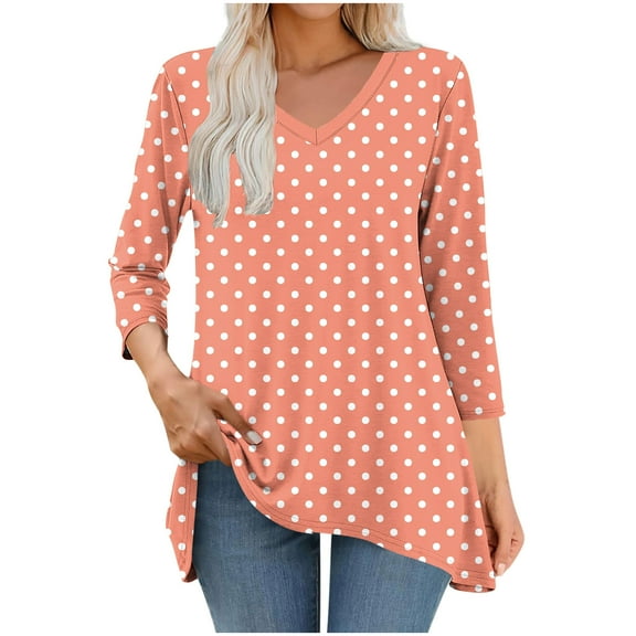 Qulqfy Tunic Shirts for Women Spring 3/4 Sleeve Shirts Polka Dot Dressy Casual Fall Flowy Tops Dressy Casual Blouses for Women S