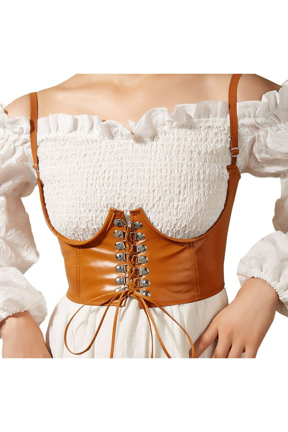Underbust Corset for Women Leather Yellow Pirate Corset with Straps Front Closure Solid Corset Tops for Women