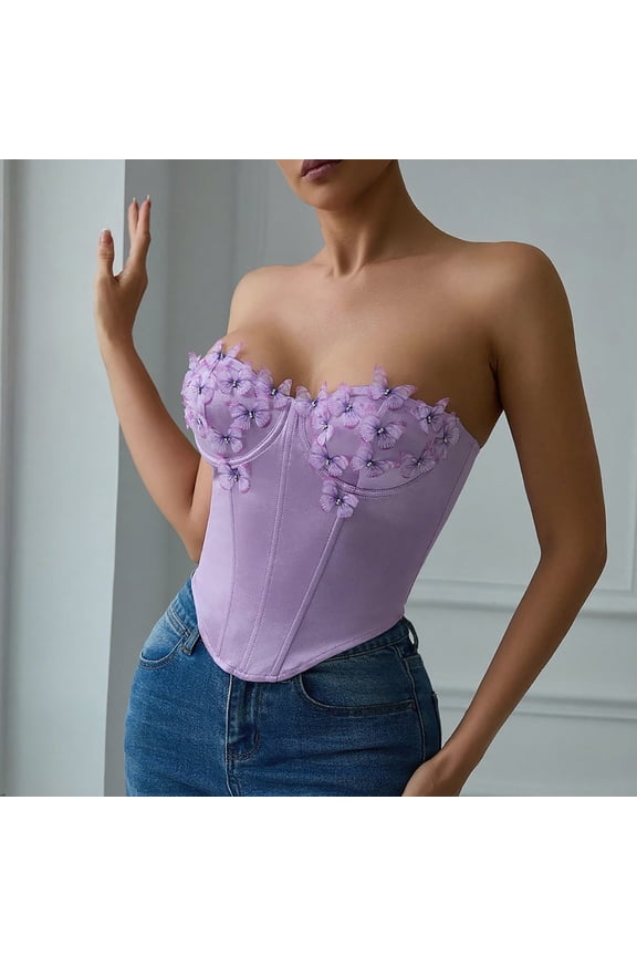 Underbust Corset for Women Purple Shapewear Butterfly Fashion Strapless Boned Corset Tops for Women