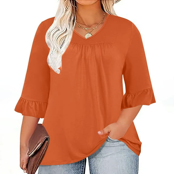 Qulqfy V Neck Blouses for Women Ruffled Cuff 3/4 Sleeve Smocked Orange Blouses Office Women Plus Size Tops L