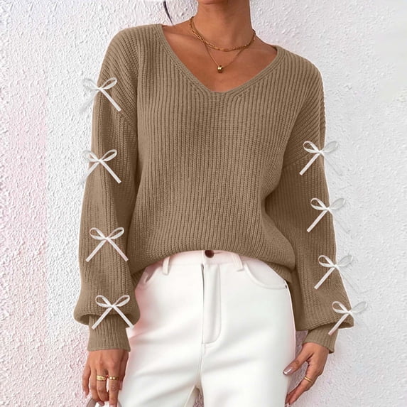 Qulqfy V Neck Women Sweaters Pullover Knit Yellow Long Sleeve with Bows Fashion Tops Fall Sweaters for Women 2025 S