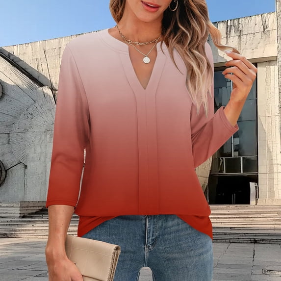 Qulqfy V-Neck Womens Blouses Gradient Loose Fit Casual 3/4 Length Sleeve Cute Work Fall Flowy Pleat Tops for Women Trendy Red S