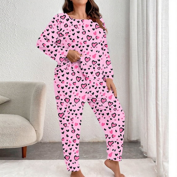 Qulqfy Valentine Day Pajamas for Women Set Cute Pink Soft Plus Size Long Sleeve Shirts and Jogger Pants Heart Print Sleepwear Women's Lounge Set 5XL
