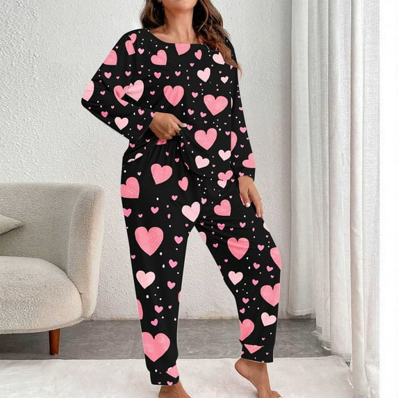 Qulqfy Valentine Day Pajamas for Women Set Plus Size Soft Pink Cute Long Sleeve Shirts and Jogger Pants Heart Print Sleepwear Womens Pj Sets XXL