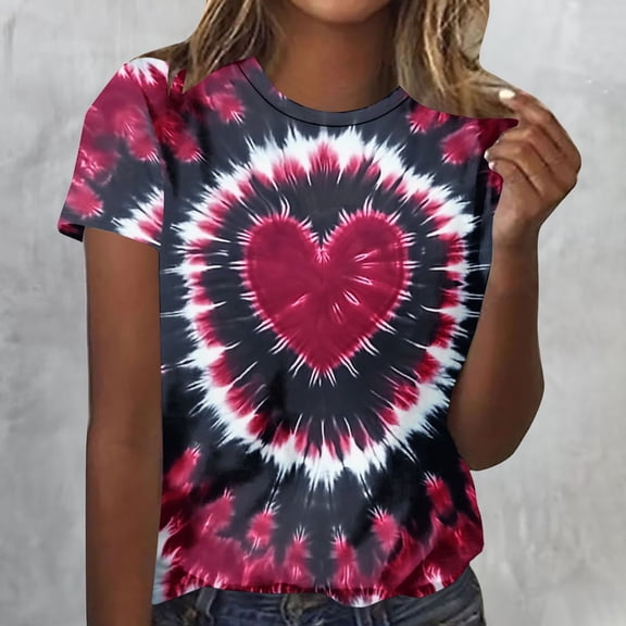 Qulqfy Valentine's Day Shirts for Women Plus Size Heart Print Dating Tees Red Tie-Dye Crew Neck Short Sleeve T-Shirts Tops for Women L