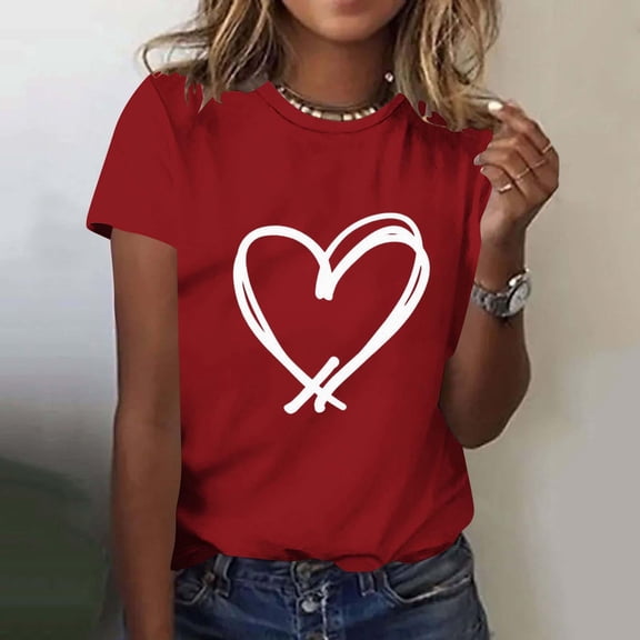 Qulqfy Valentines Day Shirts Women Plus Size Dating Heart Print Tees Crew Neck Red Short Sleeve Casual T-Shirts Tops for Women XXL