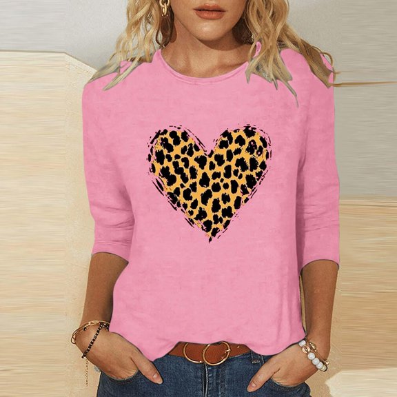 Qulqfy Valentines Day Tops for Women Plus Size Cute Leopard Print 3/4 Sleeve Blouses Crew Neck Dating Heart Print Pink Shirts for Women 3XL