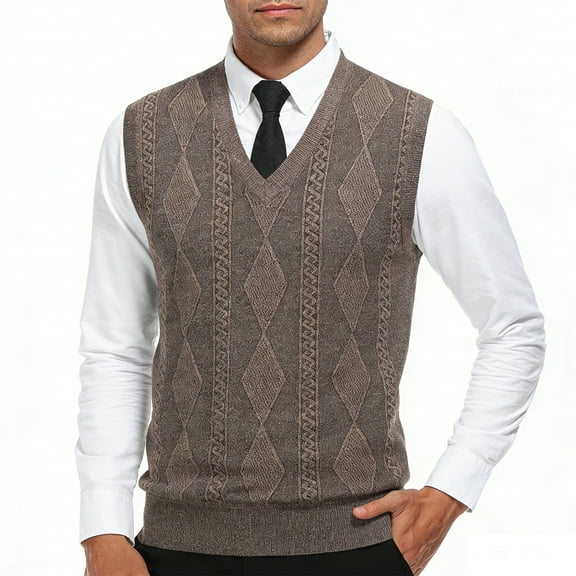 Qulqfy Varsity Sweater Vest Men Bronze Dressy Knit Argyle Winter Fall Sleeveless V Neck Textured Sweater Men Shirts XL