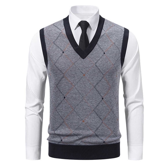 Qulqfy Varsity Sweater Vest Men Gray Knit Argyle Dressy Stretchy V Neck Sleeveless Winter Fall Sweater Men Shirts L