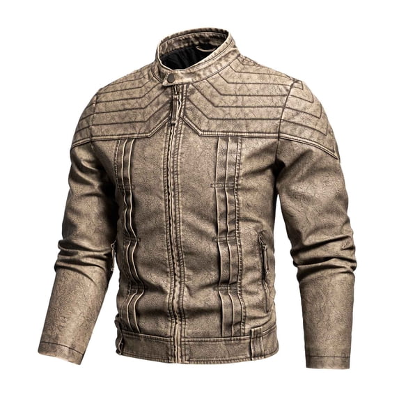 Qulqfy Vintage Men Motorcycle Jacket Leather Regular Fit Stand Collar Brown Washed Zip Up Long Sleeve Jackets Mens Coats M