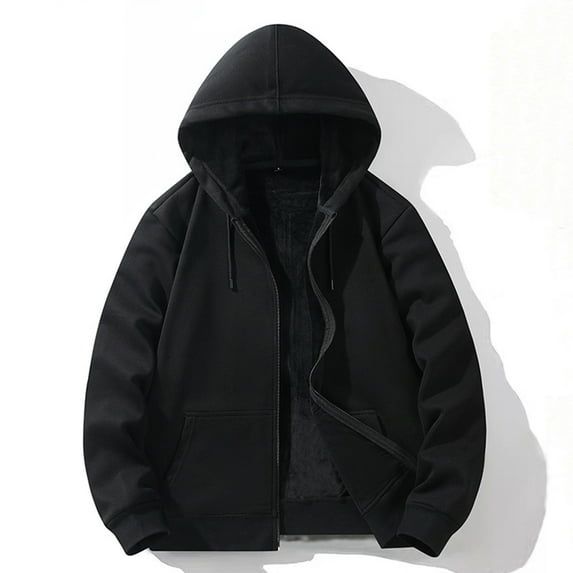 Qulqfy Warm Men Hoodie Zip Front Cotton Black Fleece Casual Long Sleeve Winter Hooded Fall Sweatshirts Jacket Men L