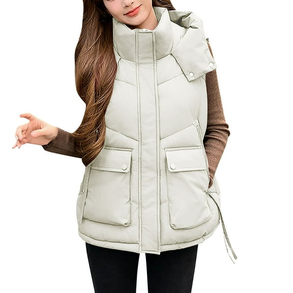 Qulqfy Warm Womens Quilted Vest Hooded Sleeveless White Zip Up Puffer Jackets with Flap Pockets Womens Fall Tops XXL