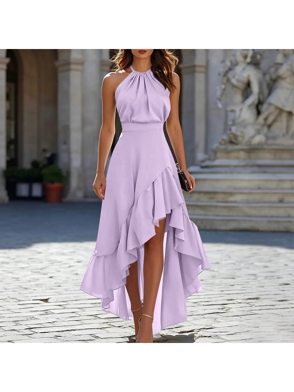 Wedding Guest Dresses for Women Boho Plain Sleeveless Maxi Ruffle Purple Cocktail Formal Halter Corset Split Long Dresses M