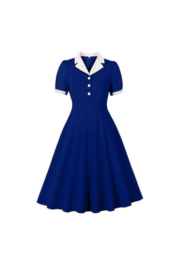 Wedding Guest Dresses for Women Fall Blue Short Sleeve Maxi High Waist Collared Pleated A Line Dresses Dress for Women XL