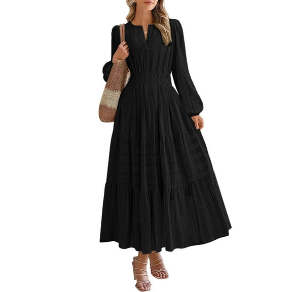 Qulqfy Wedding Guest Dresses for Women Fall Long Sleeve Maxi Black Elastic Waist A Line V Neck Tiered Dresses Dress for Women L