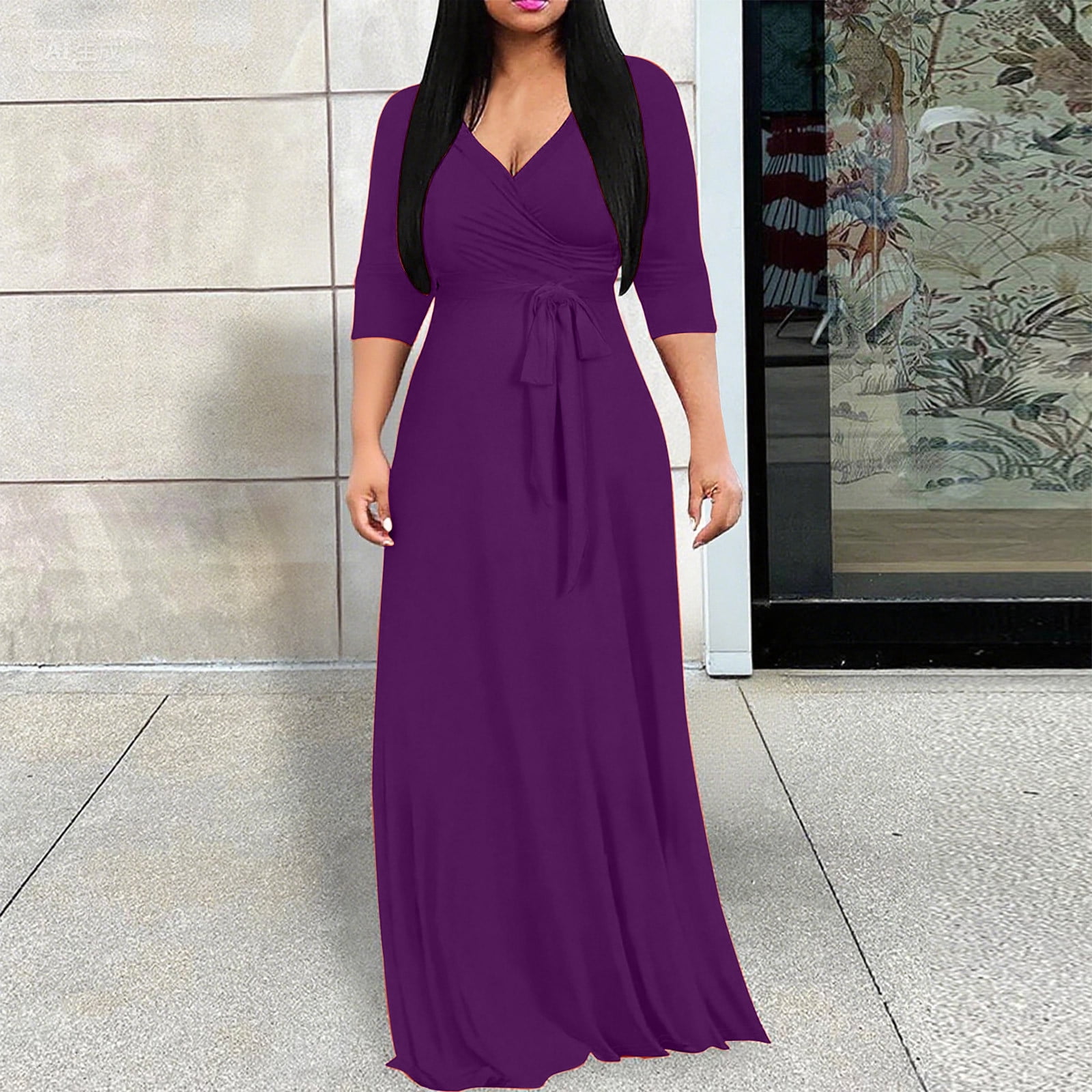purple plus size dresses for weddings Qulqfy Wedding Guest Dresses for Women Fall Purple Maxi 3/4 Sleeve Plus Size V Neck Empire Waist A Line Flowy Dresses Dress for Women 3XL, Women's