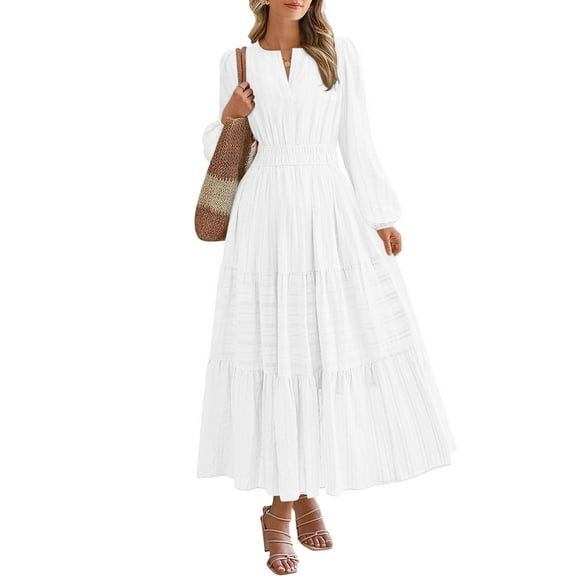 Qulqfy Wedding Guest Dresses for Women Maxi Long Sleeve White V Neck Elastic Waist Tiered A Line Dresses Dresses for Women XXL