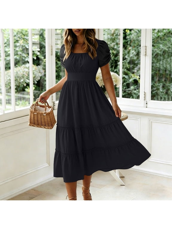 Wedding Guest Dresses for Women Puff Sleeve Plain Boho Maxi Ruffle Black Corset Square Neck Cocktail Formal A-Line Long Dresses M