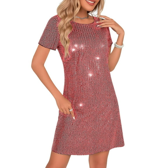 Qulqfy Wedding Guest Dresses for Women Red Short Sleeve Short Mini Crewneck Sequin Fashion Dresses Dresses for Women L