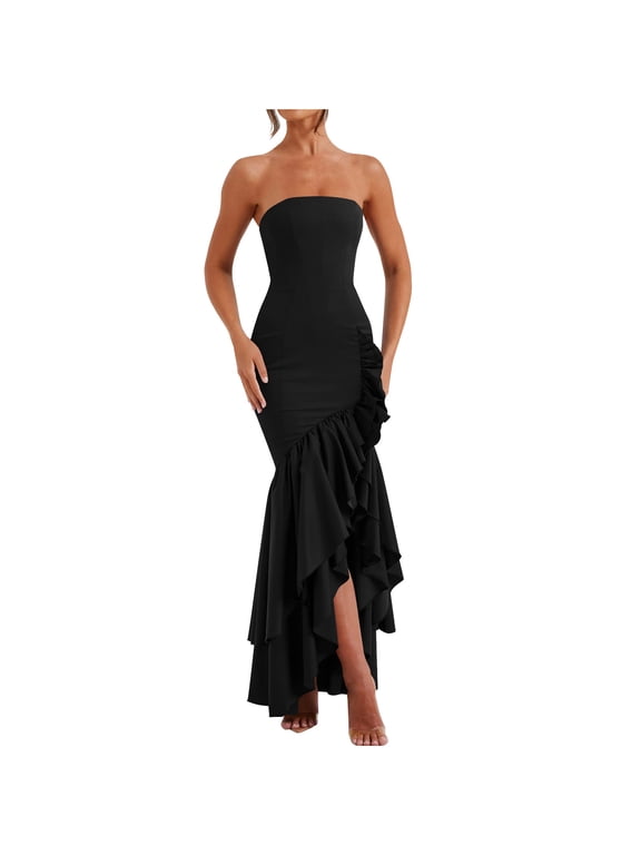 Wedding Guest Womens Summer Dresses Boho Elegant Maxi Formal Black Solid Corset Strapless Ruffle Wrap Cocktail Dress M