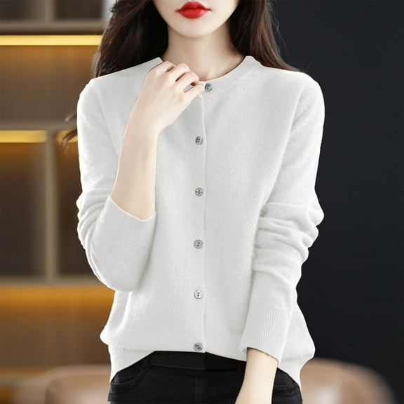 Qulqfy White Cardigan Sweaters Women Crew Neck Lightweight Long Sleeve Sweaters Button Up Plain Womens Fall Tops L